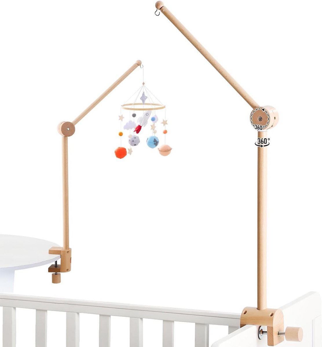In hoogte verstelbare en 360° draaibare mobiele arm voor babybedje, houten houder en accessoires