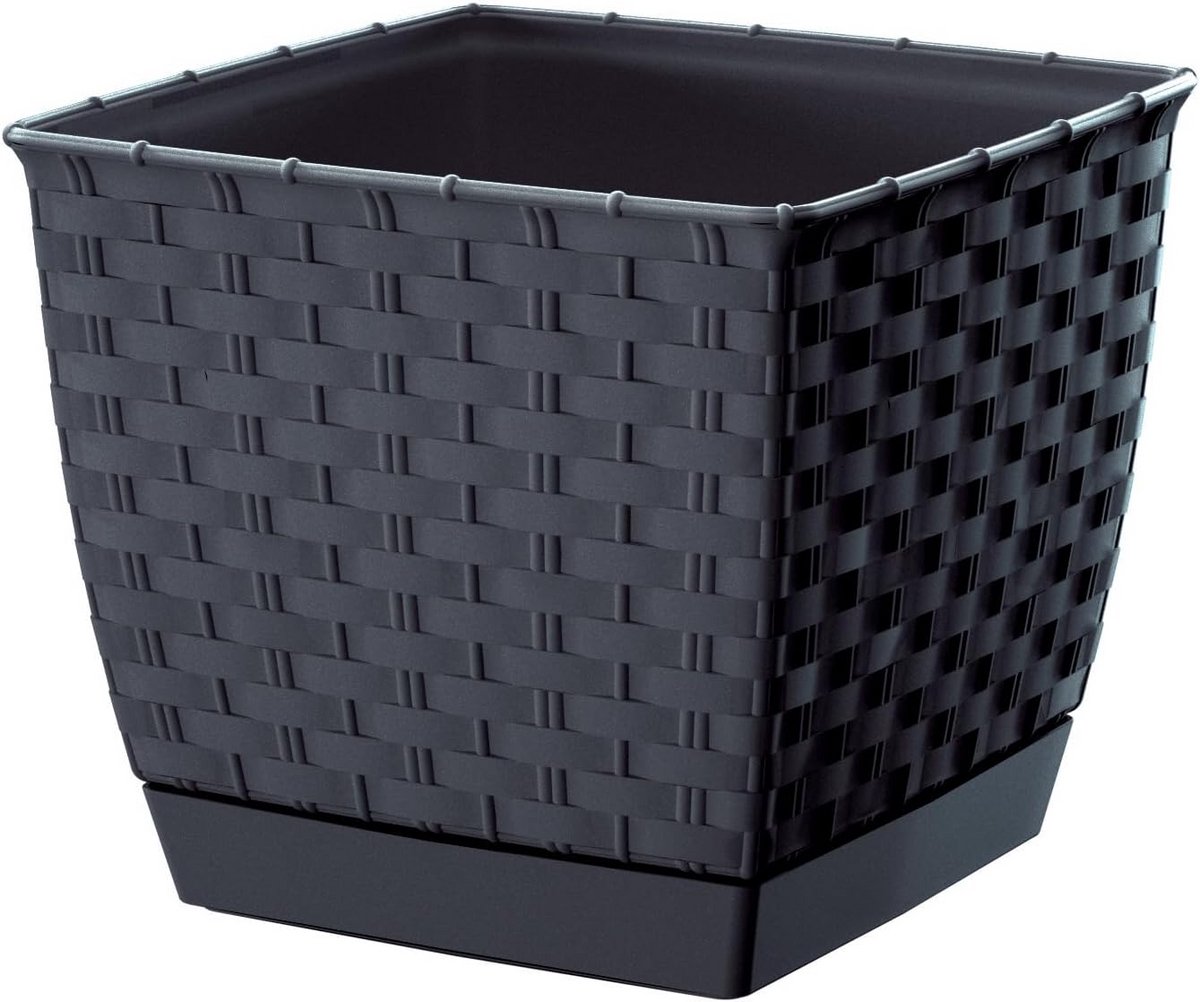 Bloempot met schotel 16x14 cm kunststof rotan look voor binnen en buiten antraciet