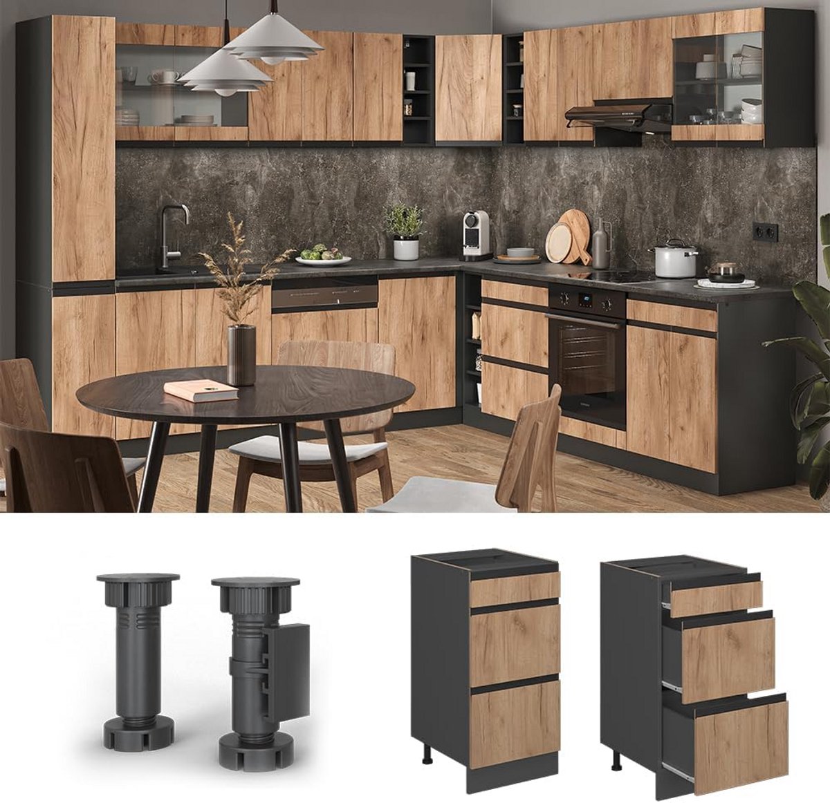 Module Ladekast Keuken 40 cm J-Shape Krachtig Eiken & Antraciet - R-Line Serie