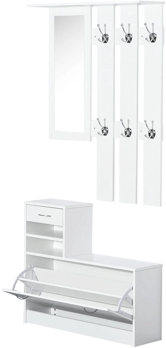 DIMICO - Garderobekast met kapstok - Schoenenkast met spiegel- Gangkast met schoenenrek - 90×10×102 cm - Wit - 3-in-1 haloplossing