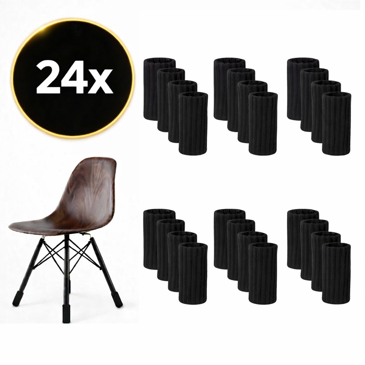 Stoelpoot sokken set van 24 stuks (Zwart) – Elastische Beschermers – Stoelbeschermer – Stoelsokjes met vilt - Stoelpootbeschermers - Stoelpootdoppen - Stoelsokken