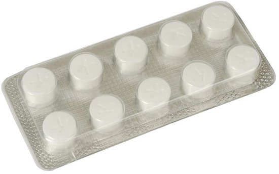 Verpakking met tien witte, ronde tabletten in een doorzichtige blisterverpakking.