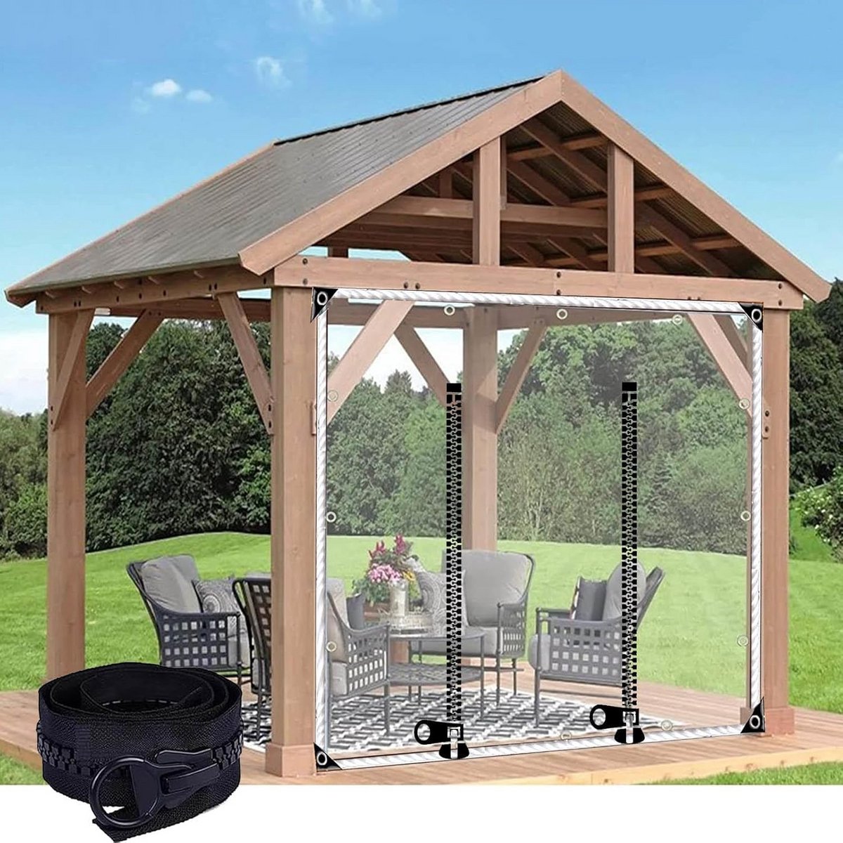 Transparant PVC Zijpaneel voor Buiten met Ritsdeur voor Pergola en Carport