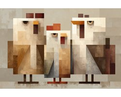 K&C Art (Aluminium schilderij) 90x60cm | Abstract geometrische kippen - dier - vogel - bruin - beige - wit - rood - oranje - kunst | Woonkamer - slaapkamer - hal - kantoor | Foto schilderij print op dibond - wanddecoratie - muurdecoratie - wall art