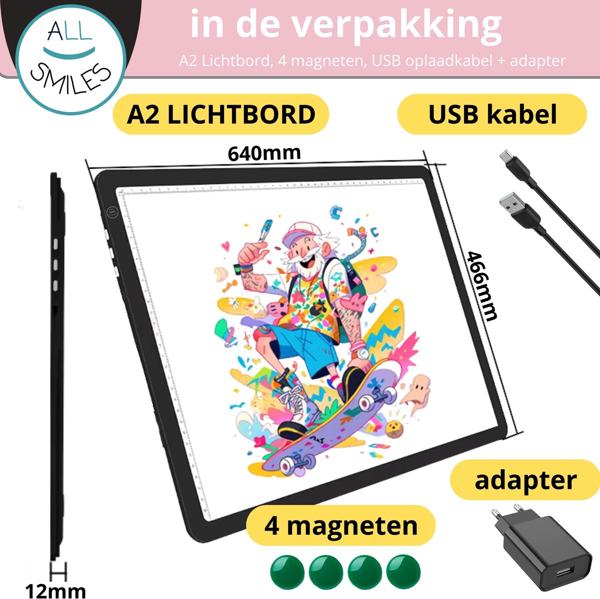 A2 Lightpad Lichtbak Diamond Painting Volwassenen | Oplaadbaar Magnetisch | All Smiles Premium Tekenbord XXXL | 2026 MODEL | Tekenen Schetsen Hobby — afbeelding 6