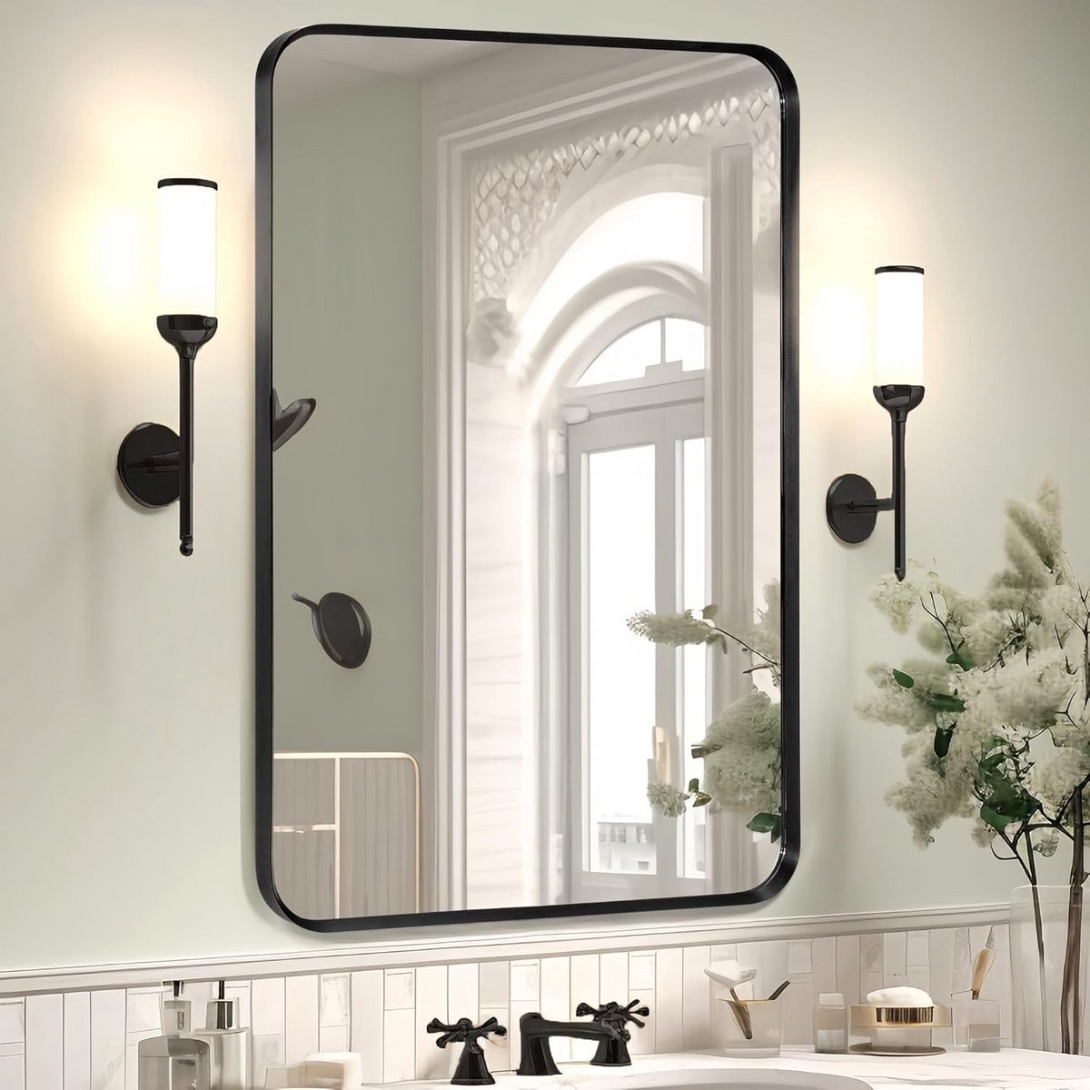 Grote Rechthoekige Badkamerspiegel met Ronde Hoeken - Wandspiegel (60x90 cm) - Zwart Metalen Frame