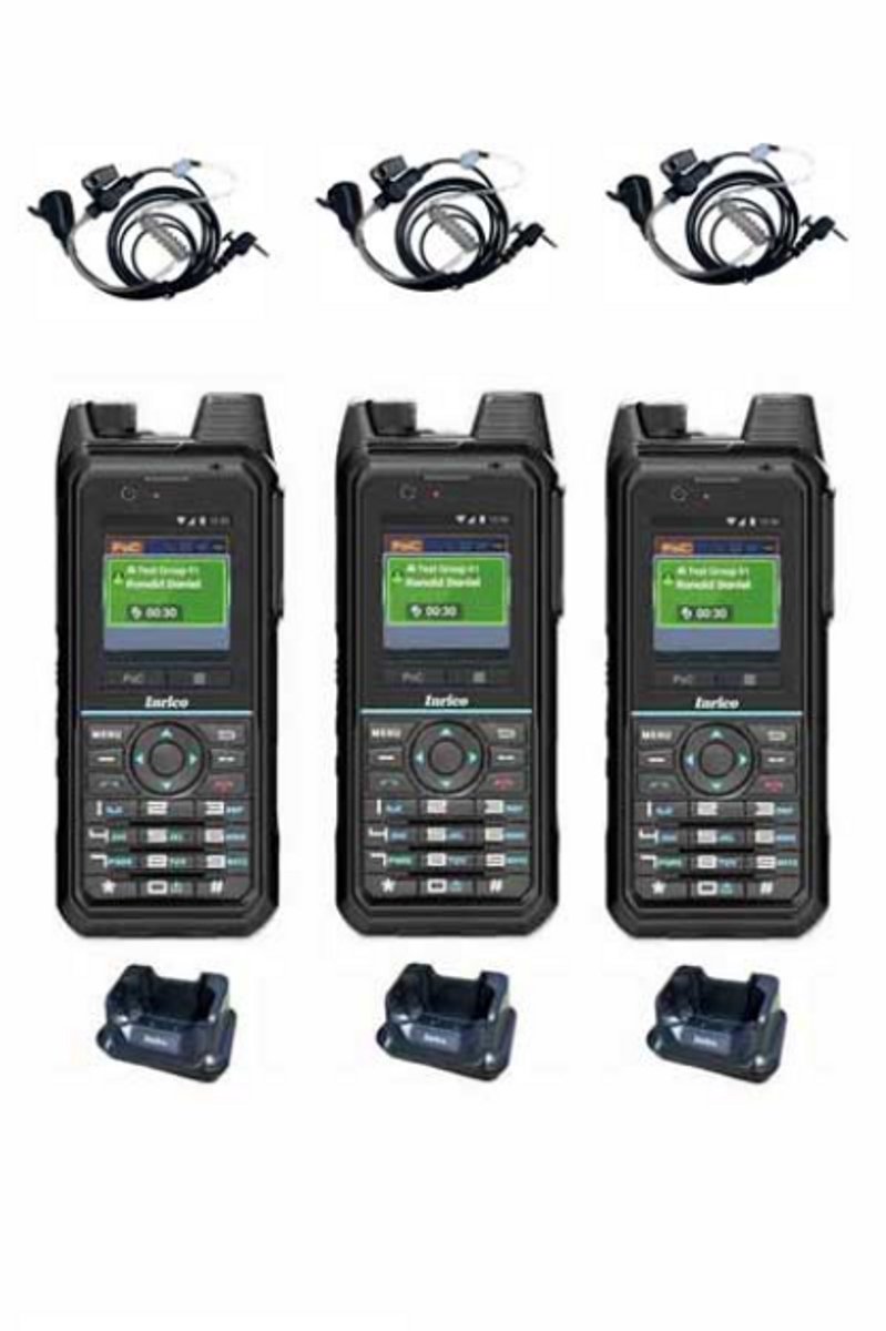 Set van 3 Inrico T330 4G LTE Zello Smart Portofoon IP68 met tafellader en beveiliging oortje