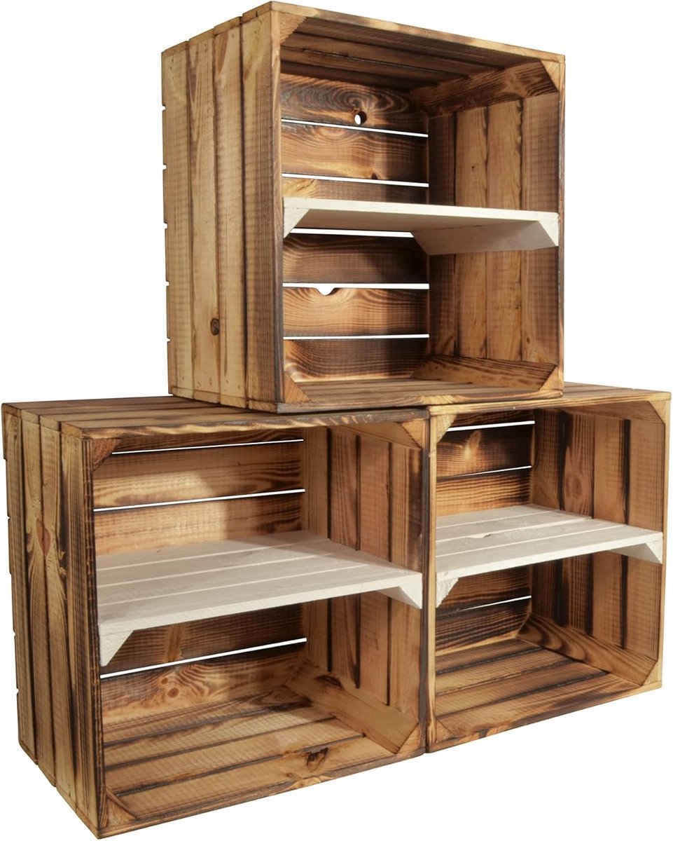 Set van 3 Houten Wijnrekken - Stapelbaar en Uitbreidbaar - Houtblok met Plank