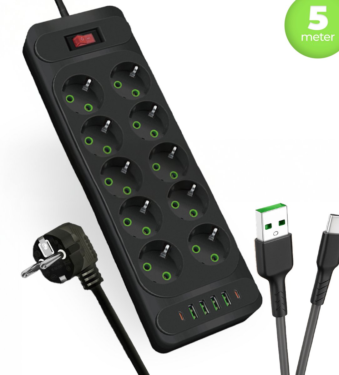 intplus+ Power Brick Stekkerdoos - 5 Meter – 10 Stopcontacten & 6 USB-Poorten (2x USB-C PD, Snelladen) – 2500W – Met Schakelaar & Overspanningsbeveiliging - Zwart