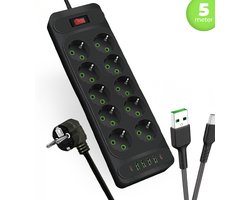 intplus+ Power Brick Stekkerdoos - 5 Meter – 10 Stopcontacten & 6 USB-Poorten (2x USB-C PD, Snelladen) – 2500W – Met Schakelaar & Overspanningsbeveiliging - Zwart
