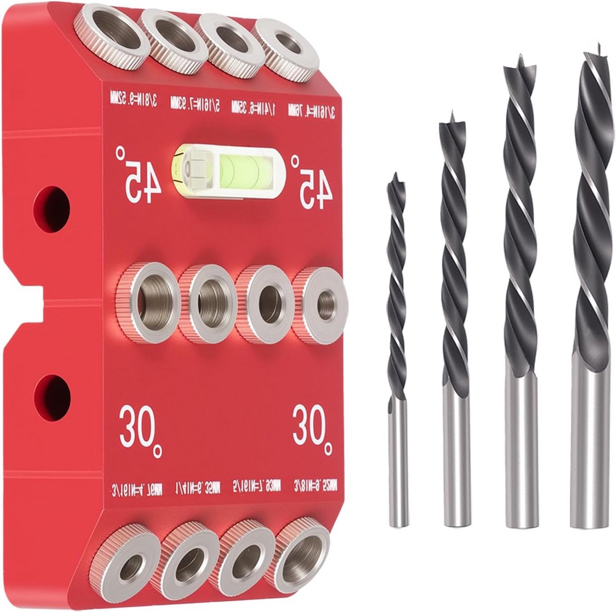Schuine Boorgeleider Set voor Hout - Hoeken 30, 45, 90 Graden - Incl. 4 Boortjes