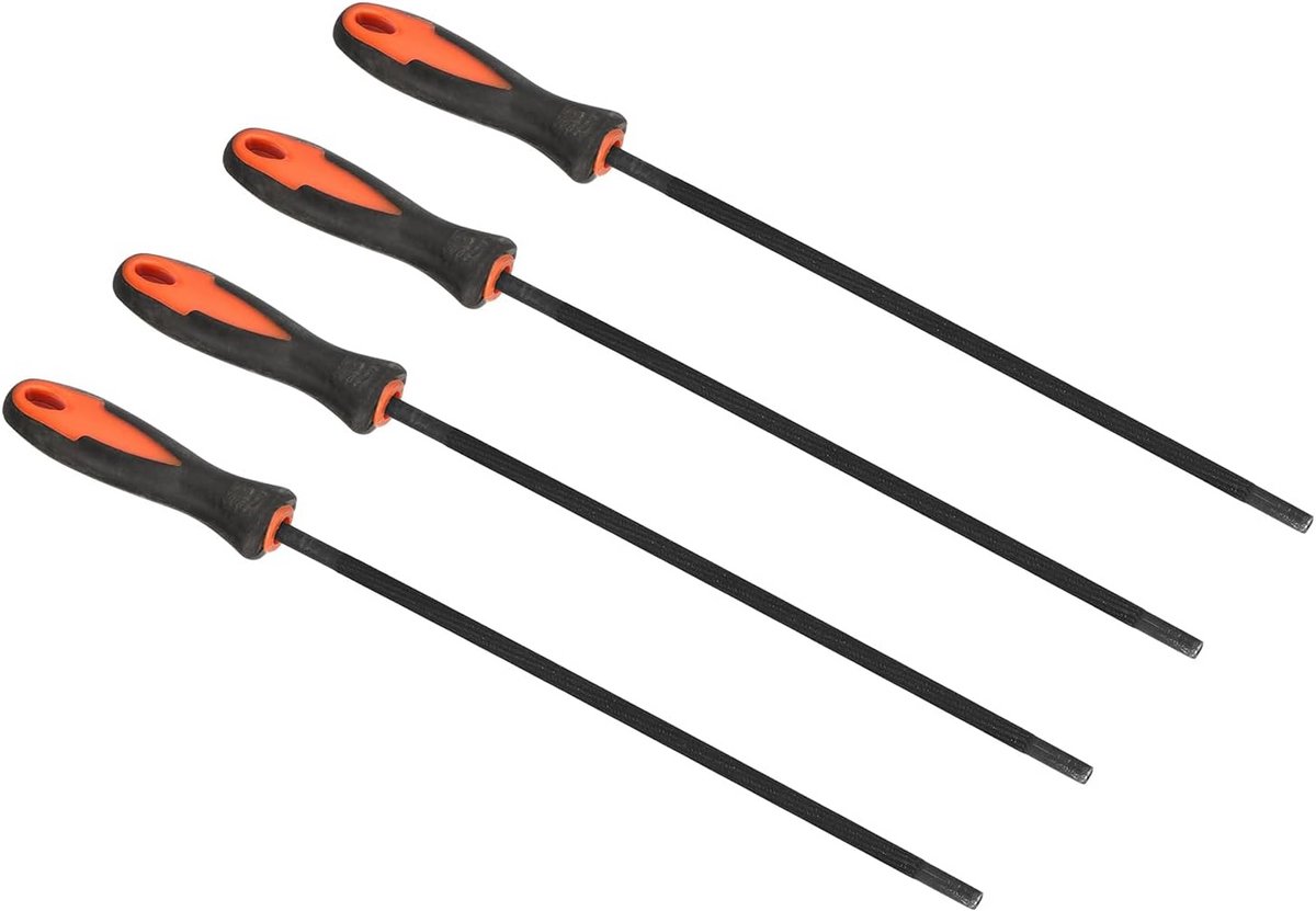 Set van 4 Ronde Kettingslijpvijlen met Handvat voor Slijpen Kettingzaagblad, Rood en Zwart