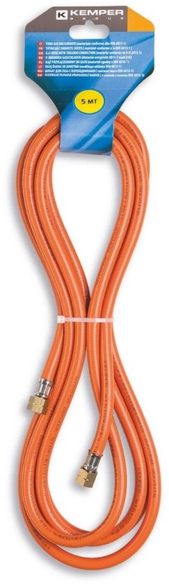 Oranje 5 meter gasslang van Kemper met 3/8" linkse koppelingen.