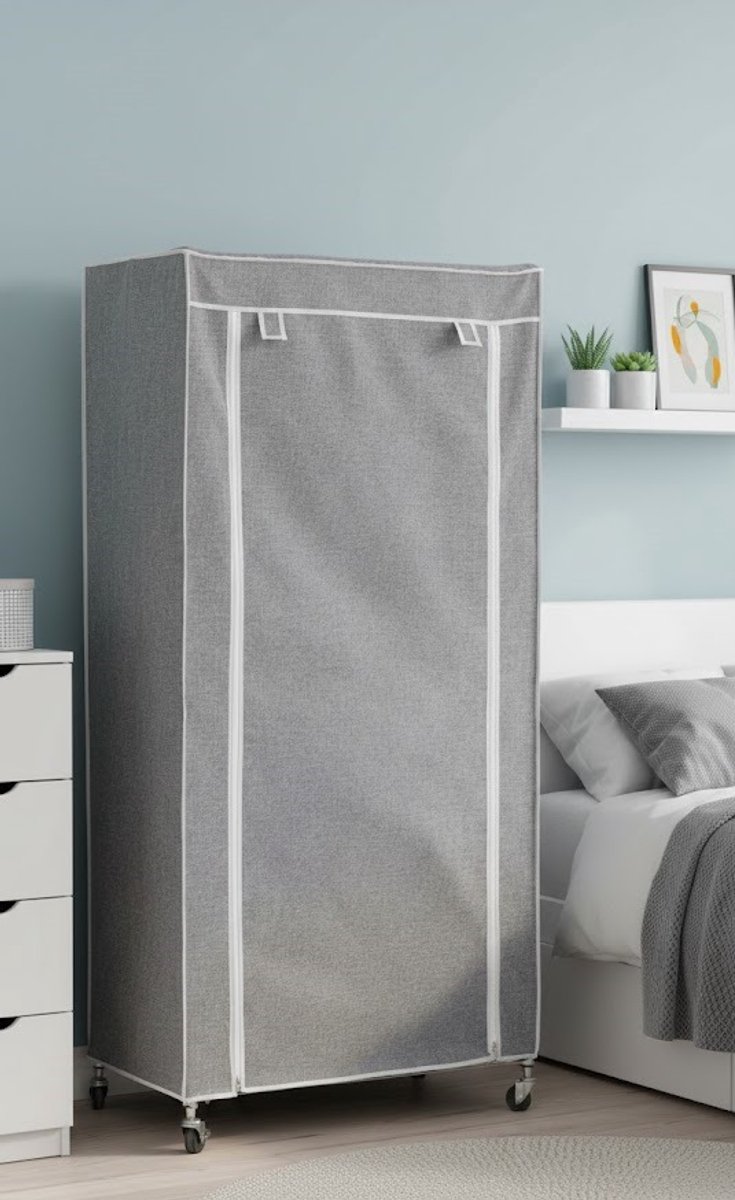 Premium Opvouwbare Kledingkast met Wieltjes – Stoffen Kledingrek met 2 Planken en Kledingstang – Ruimtebesparend, Sterk tot 70 kg – Ideaal voor Hal, Slaapkamer, Logeerkamer of Garage – Grijs House&Garden