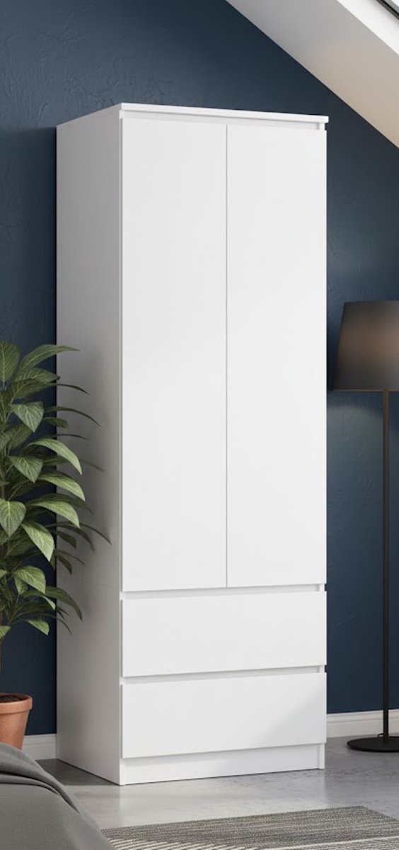 Elegante Kledingkast Wit – 2 Deuren & 2 Laden – Garderobekast met Kledingstang en Plank – Robuuste Opbergkast voor Slaapkamer, Woonkamer of Kinderkamer – 60 cm Breed, 180 cm Hoog House&Garden