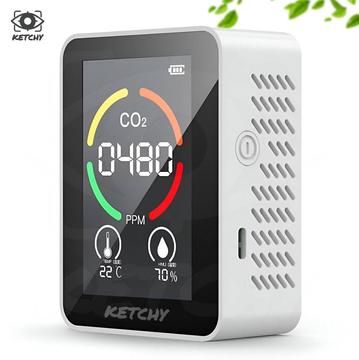 Ketchy CO2 Meter – Luchtkwaliteitsmeter 3-in-1 – CO2, Temperatuur & Luchtvochtigheid – Met Alarm – Voor Thuis, Slaapkamer & Kantoor