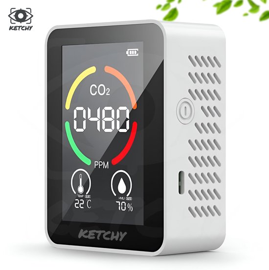 Ketchy CO2 Meter – Luchtkwaliteitsmeter 3-in-1 – CO2, Temperatuur & Luchtvochtigheid – Met Alarm – Voor Thuis, Slaapkamer & Kantoor