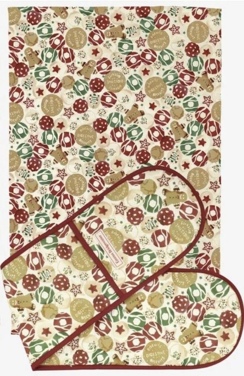 Dubbele Ovenwanten en Theedoek Set - Kerstprint Keukentextiel