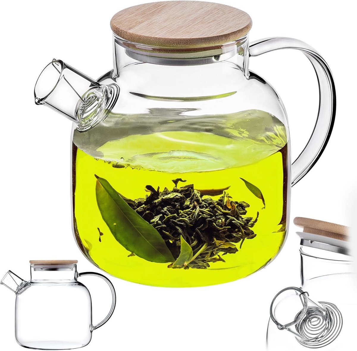 Glazen kan 1,5 liter met bamboedeksel en zeef - robuust borosilicaatglas