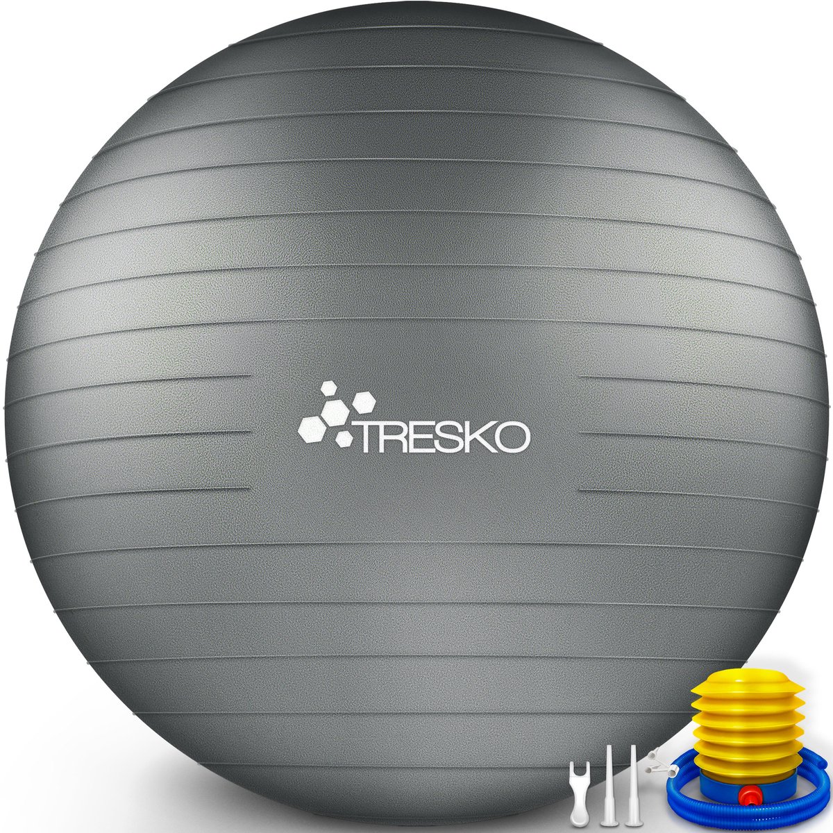 TRESKO® anti-burst gymnastiekbal 55 cm 65 cm 75 cm 85 cm | zitbal | yogabal | 300 kg | met luchtpomp (grijs, 85 cm, geschikt voor een lengte vanaf 185 cm)