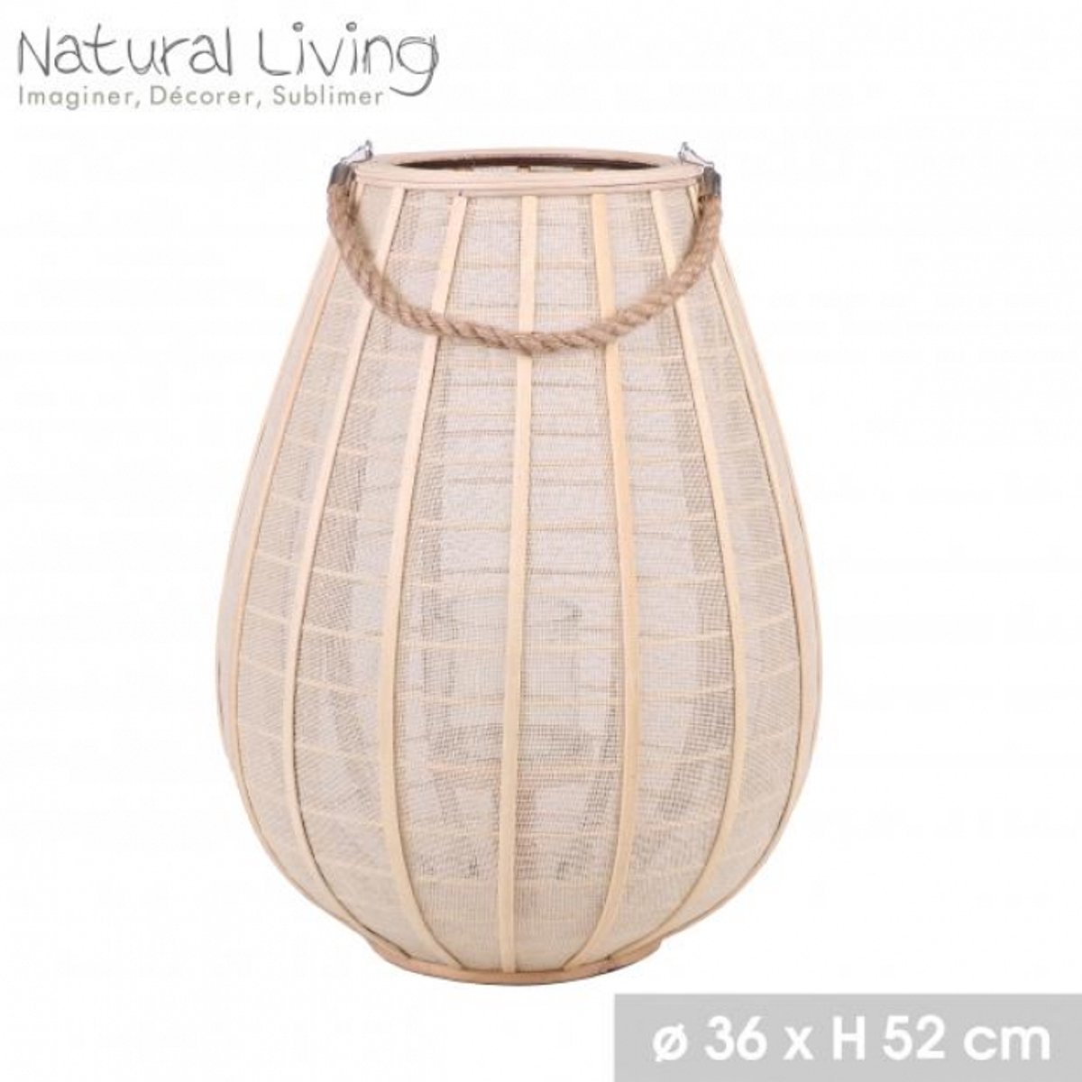 "NATURAL LIVING" LANTAARN KIMO IN HOUT EN STOF MET GLAZEN KAARSHOUDER D36CM x H52CM