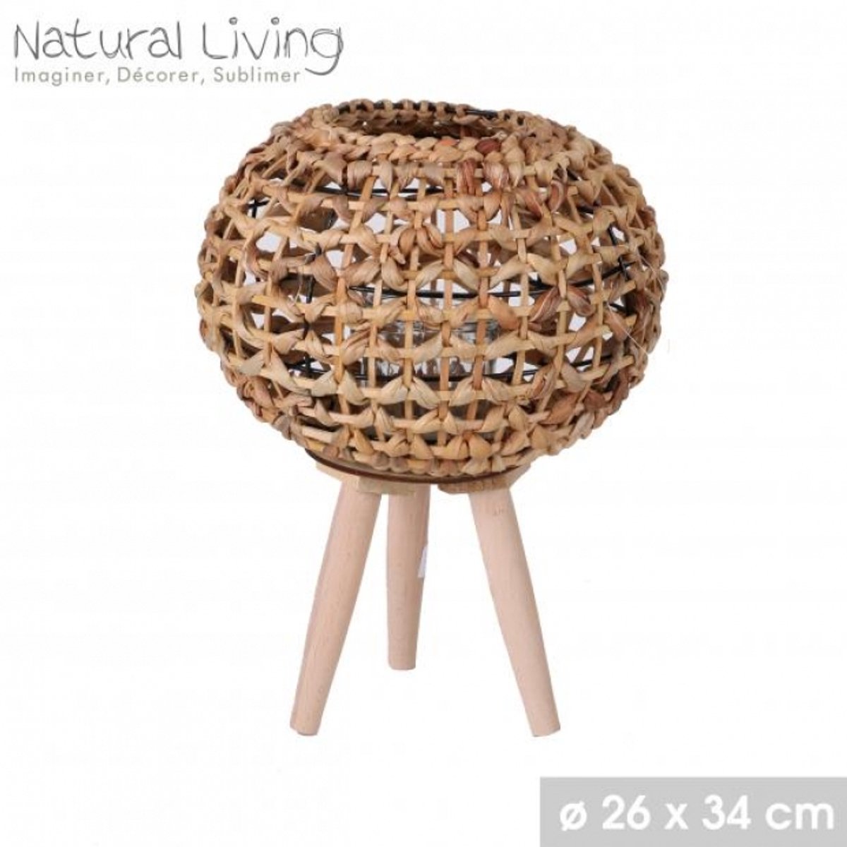 "NATURAL LIVING" LANTAARN EKLA IN ROTAN MET HOUTEN VOET D26CM x H34CM
