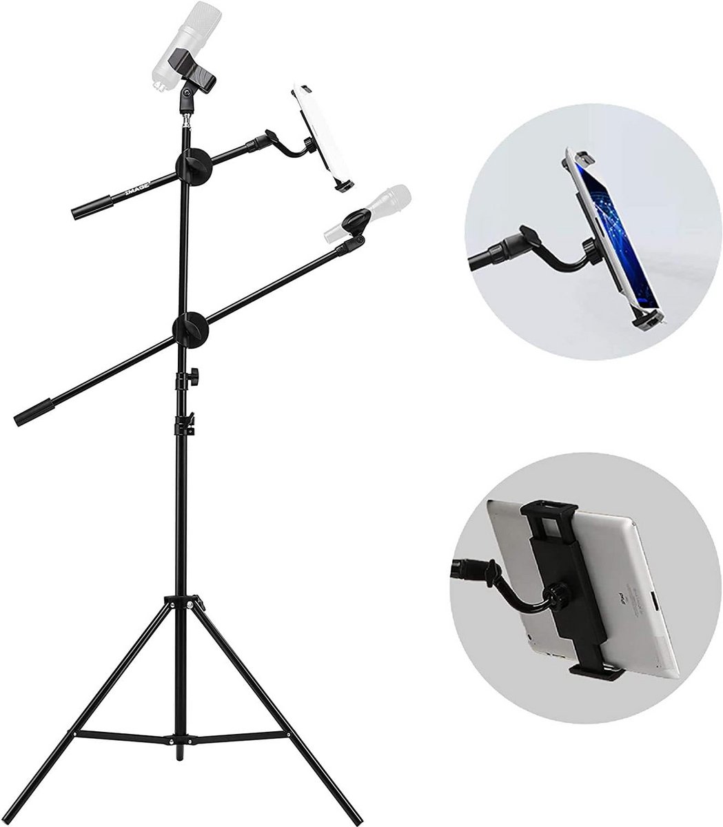 Microfoonstatief met Tablethouder - Hoogte Verstelbaar 90-210 cm - 2 Microfoonclips - Stabiele Driepootbasis - 360° Draaibare Houder - Opvouwbaar