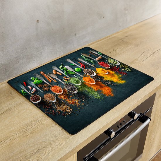 KitchyMist Inductie Beschermer 60x52 cm - Kruiden en Specerijen Lepels - Kookplaat Beschermer - Afdekplaat voor Kookplaat - Inductie Mat - Spatscherm Achterwand Keuken