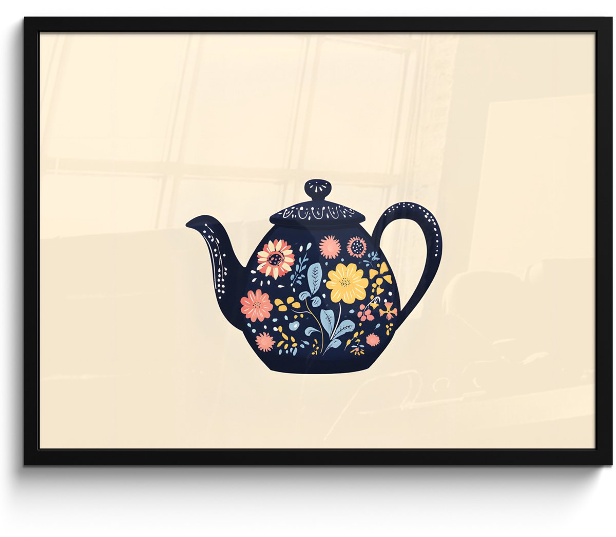 FrameYourWall Poster in lijst - Fotolijst 70x50 cm - Posters - Theepot - Kleurrijk - Bloemen - Posterlijst zwart - Decoratie - Wanddecoratie woonkamer - Muurdecoratie slaapkamer Theepot - Bloemen