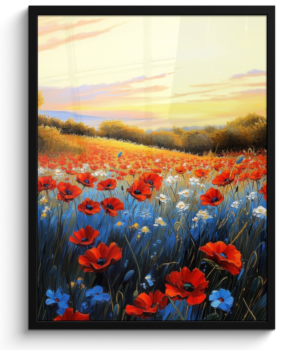 FrameYourWall Poster in lijst - Fotolijst 50x70 cm - Posters - Klaproos - Bloemenveld - Kleurrijk - Posterlijst zwart - Decoratie - Wanddecoratie woonkamer - Muurdecoratie slaapkamer Klaprozen - Bloemenveld