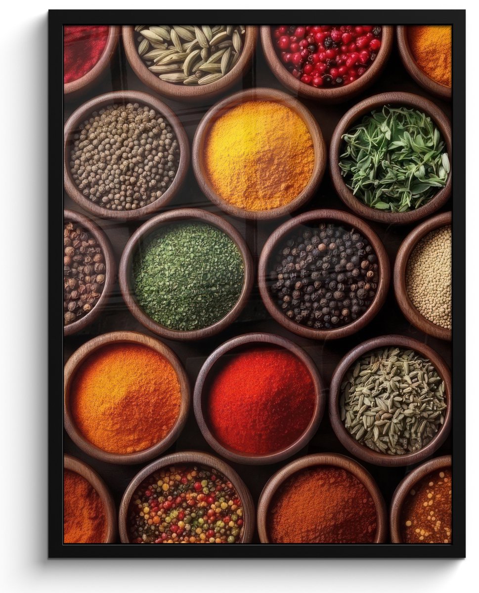 FrameYourWall Poster in lijst - Fotolijst 50x70 cm - Posters - Bakjes - Hout - Kruiden - Kleurrijk - Posterlijst zwart - Decoratie - Wanddecoratie woonkamer - Muurdecoratie slaapkamer Bakjes - Kruiden