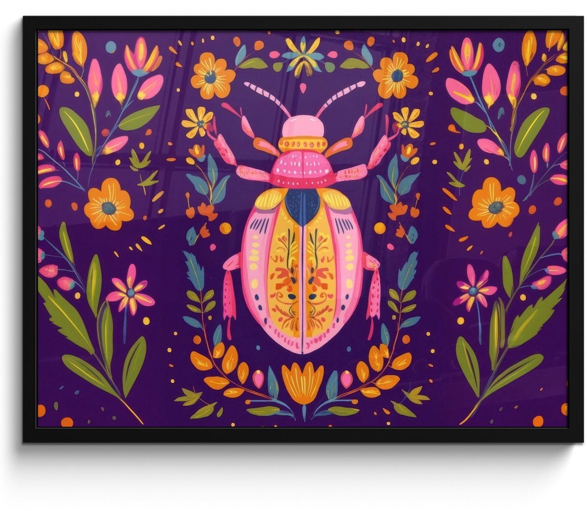FrameYourWall Poster in lijst - Fotolijst 70x50 cm - Posters - Kever - Felgekleurd - Bloemen - Bladeren - Posterlijst zwart - Decoratie - Wanddecoratie woonkamer - Muurdecoratie slaapkamer Kever - Kleurrijk