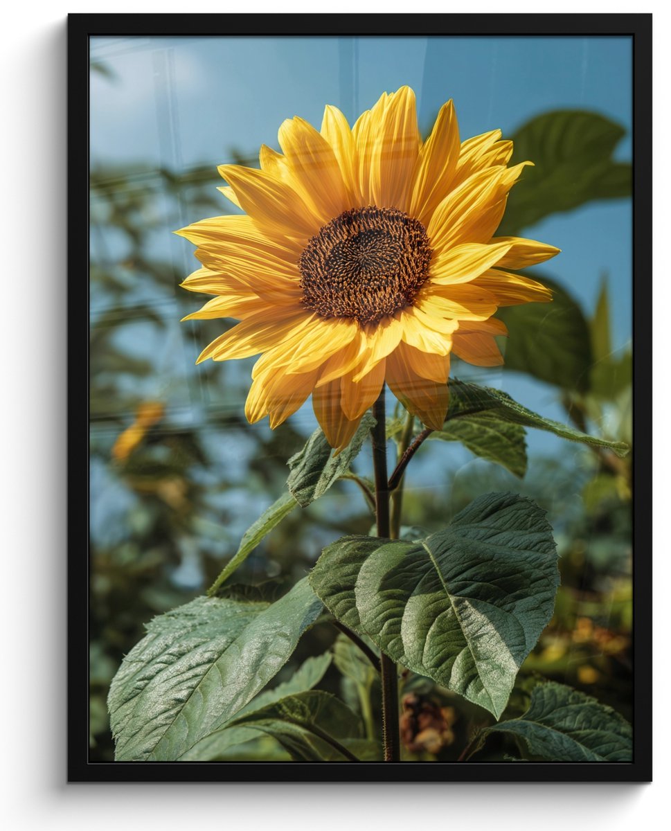 FrameYourWall Poster in lijst - Fotolijst 50x70 cm - Posters - Zonnebloemen - Helderblauwer lucht - Gras - Posterlijst zwart - Decoratie - Wanddecoratie woonkamer - Muurdecoratie slaapkamer Zonnebloemen - Lucht