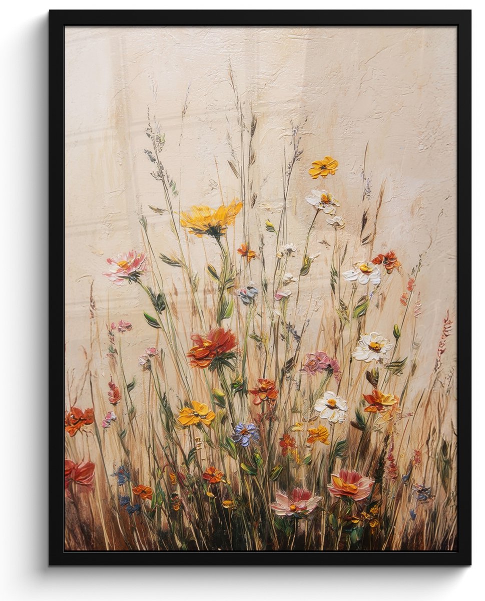 FrameYourWall Poster in lijst - Fotolijst 50x70 cm - Posters - Wilde bloemen - Penseelstreken - Rustgevend - Posterlijst zwart - Decoratie - Wanddecoratie woonkamer - Muurdecoratie slaapkamer