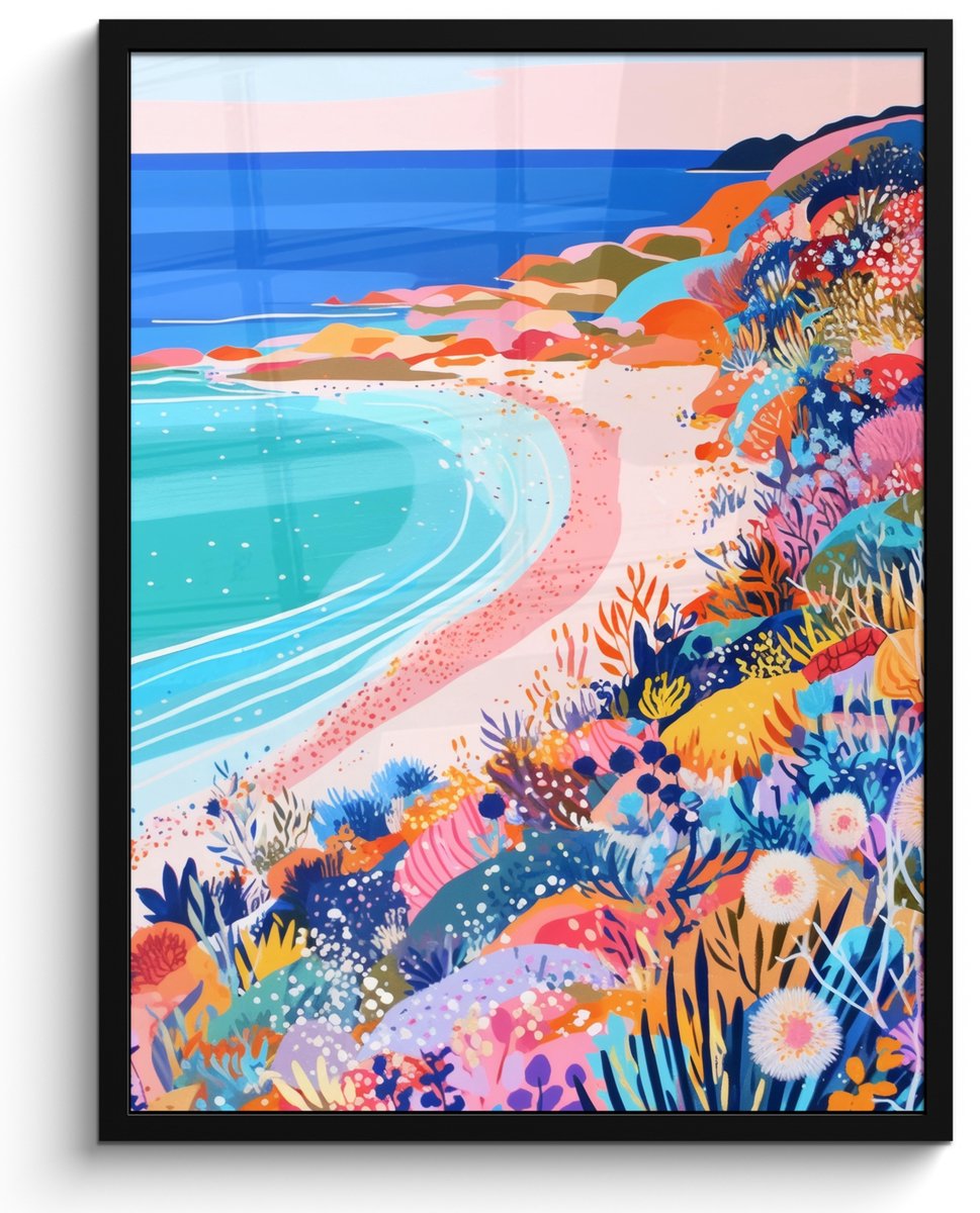FrameYourWall Poster in lijst - Fotolijst 50x70 cm - Posters - Bloemenweide - Zee - Zomers - Posterlijst zwart - Decoratie - Wanddecoratie woonkamer - Muurdecoratie slaapkamer Strand - Zee - Bloemen