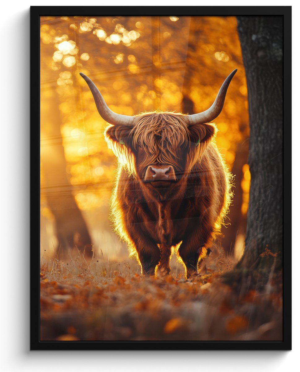 FrameYourWall Poster in lijst - Fotolijst 50x70 cm - Posters - Schotse hooglander - Bos - Herfst - Dieren - Natuur - Bladeren - Posterlijst zwart - Decoratie - Wanddecoratie woonkamer - Muurdecoratie slaapkamer