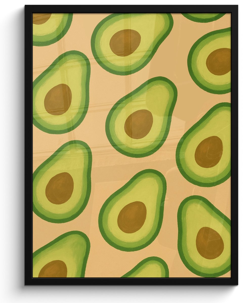 FrameYourWall Poster in lijst - Fotolijst 50x70 cm - Posters - Avocado - Patroon - Groen - Pit - Posterlijst zwart - Decoratie - Wanddecoratie woonkamer - Muurdecoratie slaapkamer