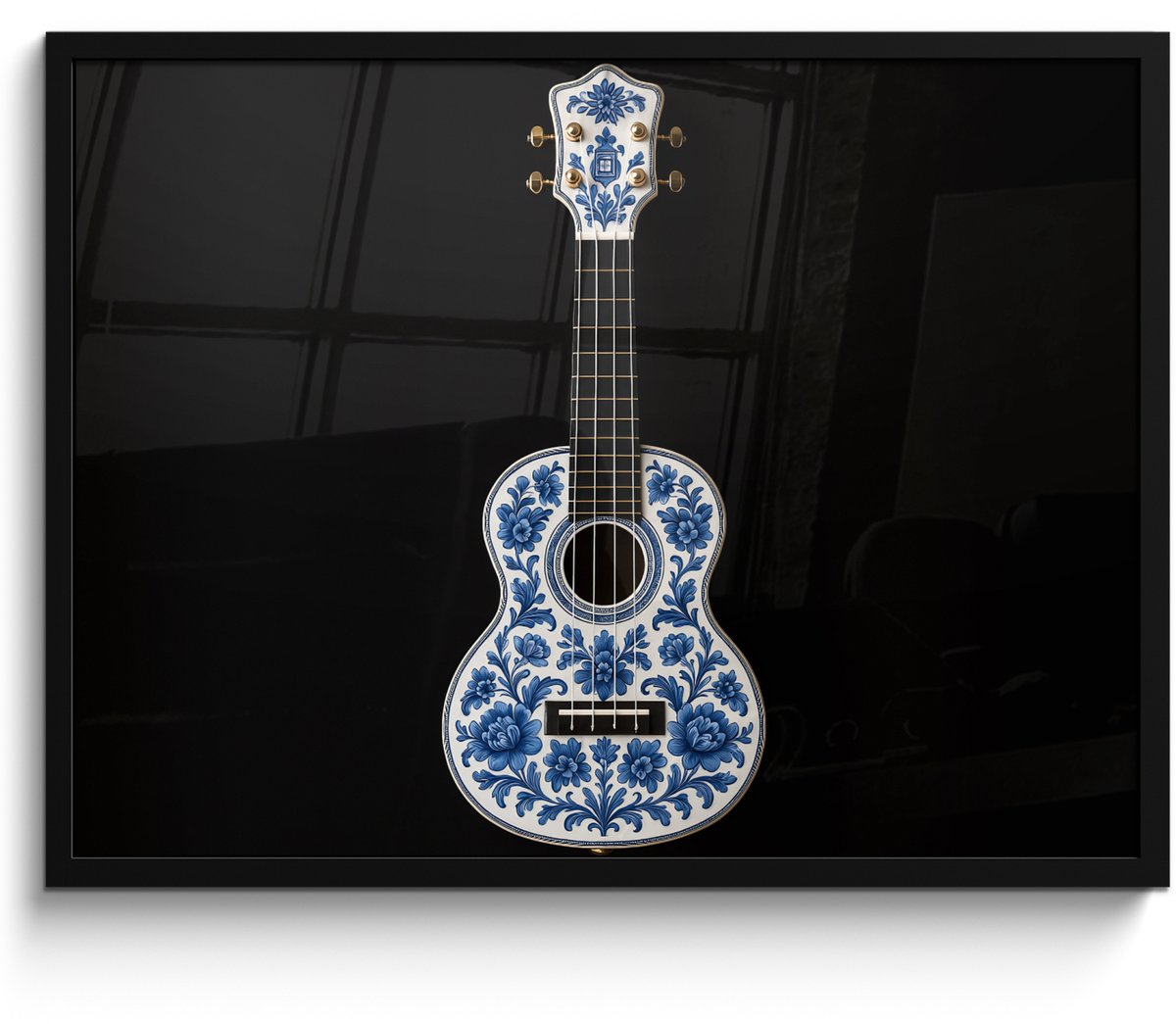 FrameYourWall Poster in lijst - Fotolijst 70x50 cm - Posters - Ukelele - Delfts - Blauw - Muziek - Posterlijst zwart - Decoratie - Wanddecoratie woonkamer - Muurdecoratie slaapkamer Gitaar