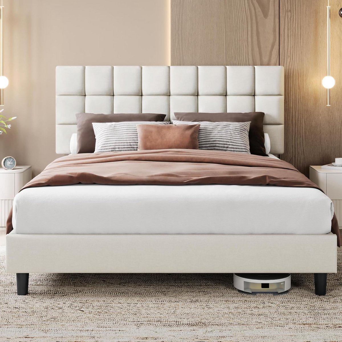 Tweepersoons Bedframe 160x200 cm met Strak Gevoerd Hoofdeinde en Houten Lattenbodem - Beige