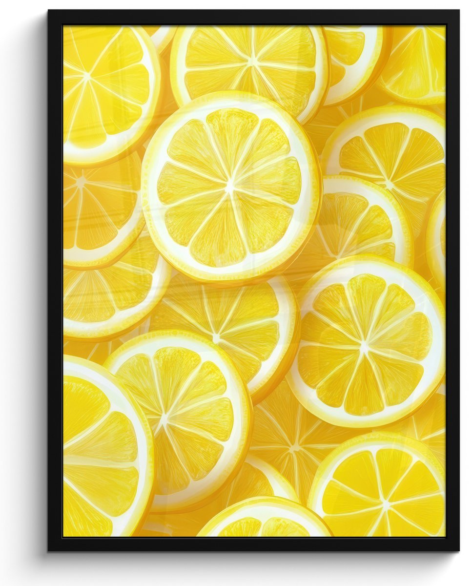 FrameYourWall Poster in lijst - Fotolijst 50x70 cm - Posters - Citroenen - Geel - Zomers - levendig - Posterlijst zwart - Decoratie - Wanddecoratie woonkamer - Muurdecoratie slaapkamer Multicolor