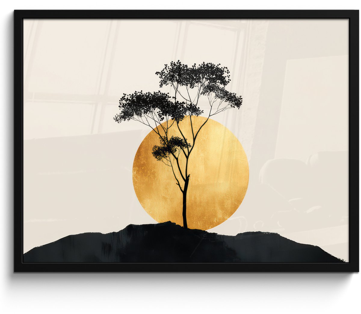 FrameYourWall Poster in lijst - Fotolijst 70x50 cm - Posters - Zwarte boom - Gouden cirkel - Heuvel - Posterlijst zwart - Decoratie - Wanddecoratie woonkamer - Muurdecoratie slaapkamer Boom - Cirkel - Heuvel