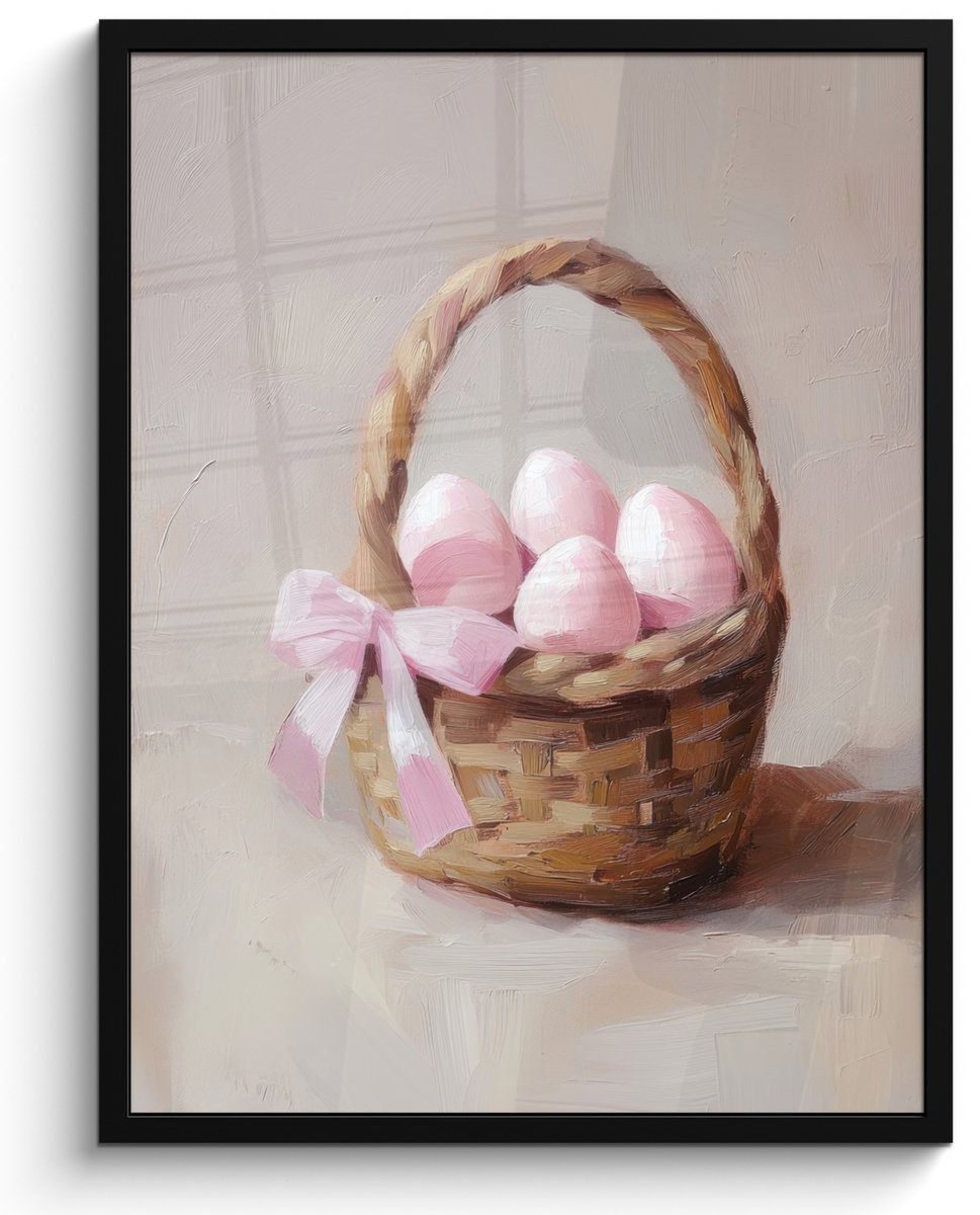 FrameYourWall Poster in lijst - Fotolijst 50x70 cm - Posters - Mand - Eieren - Roze - Posterlijst zwart - Decoratie - Wanddecoratie woonkamer - Muurdecoratie slaapkamer Mandje - Eieren