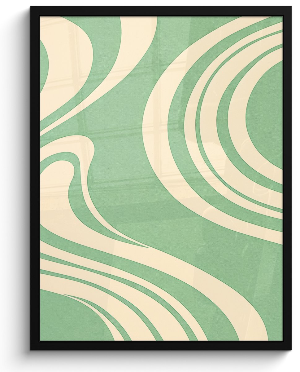 FrameYourWall Poster in lijst - Fotolijst 50x70 cm - Posters - Golvende lijnen - Mintgroen - Dansende vormen - Posterlijst zwart - Decoratie - Wanddecoratie woonkamer - Muurdecoratie slaapkamer