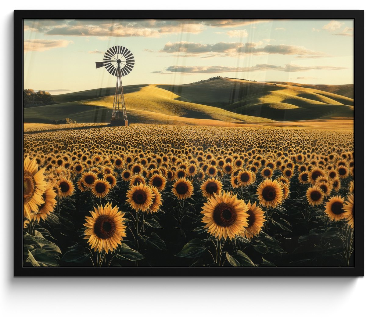 FrameYourWall Poster in lijst - Fotolijst 70x50 cm - Posters - Zonnebloem - Veld - Windmolen - Posterlijst zwart - Decoratie - Wanddecoratie woonkamer - Muurdecoratie slaapkamer