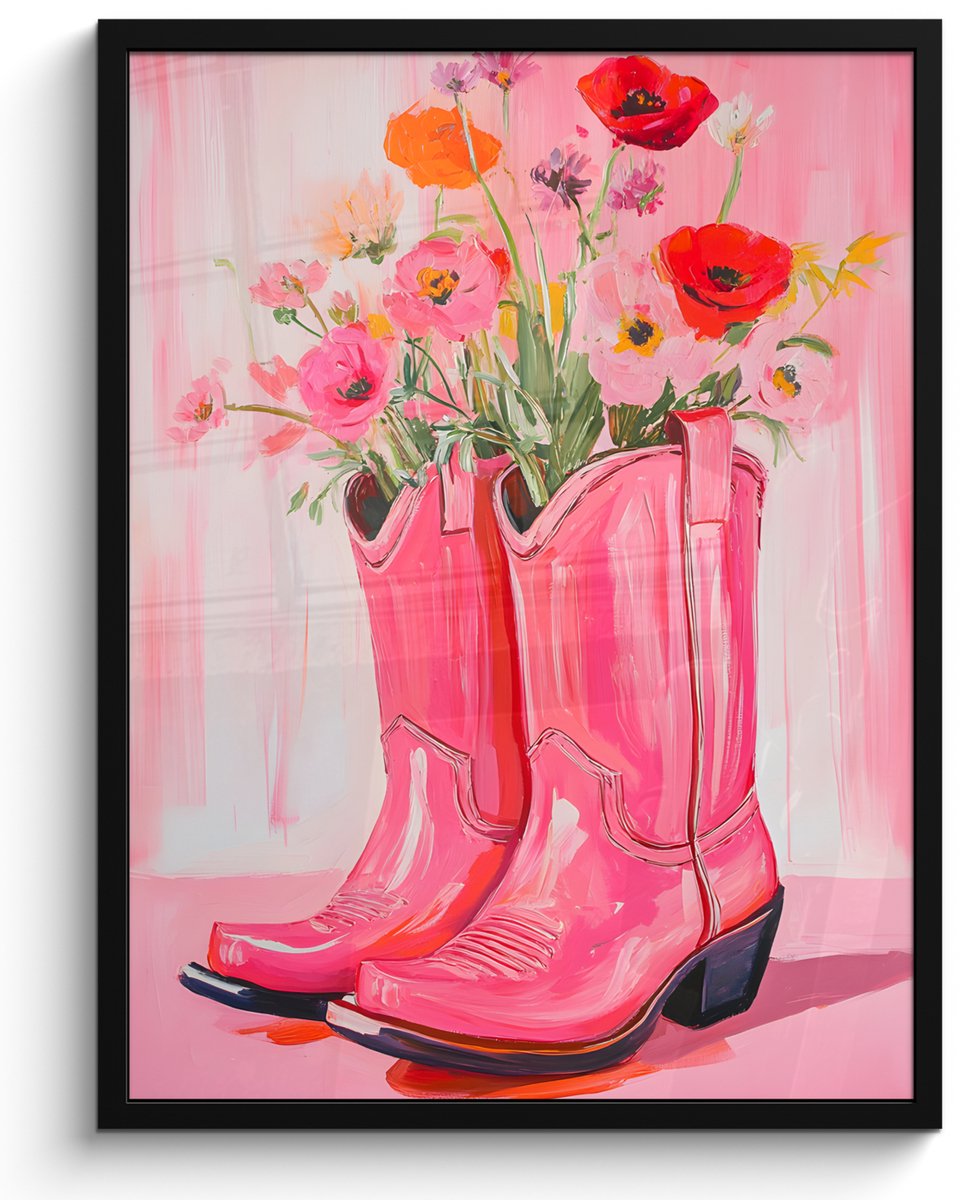FrameYourWall Poster in lijst - Fotolijst 50x70 cm - Posters - Roze - Bloemen - Cowboy - Posterlijst zwart - Decoratie - Wanddecoratie woonkamer - Muurdecoratie slaapkamer Cowboylaarzen