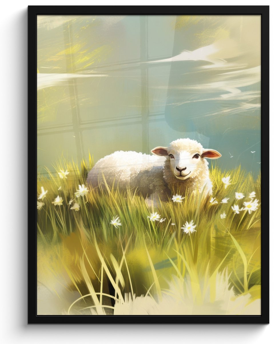 FrameYourWall Poster in lijst - Fotolijst 50x70 cm - Posters - Schaap - Weide - Groen - Posterlijst zwart - Decoratie - Wanddecoratie woonkamer - Muurdecoratie slaapkamer