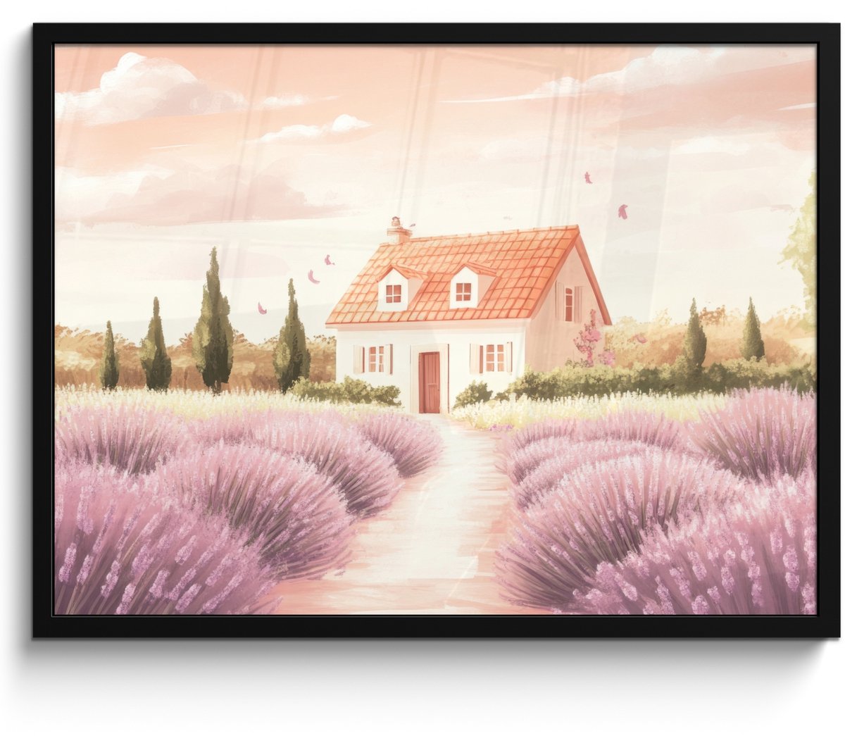 FrameYourWall Poster in lijst - Fotolijst 70x50 cm - Posters - Lavendelveld - Huis - Paars - Posterlijst zwart - Decoratie - Wanddecoratie woonkamer - Muurdecoratie slaapkamer Huisjes - Lavendel