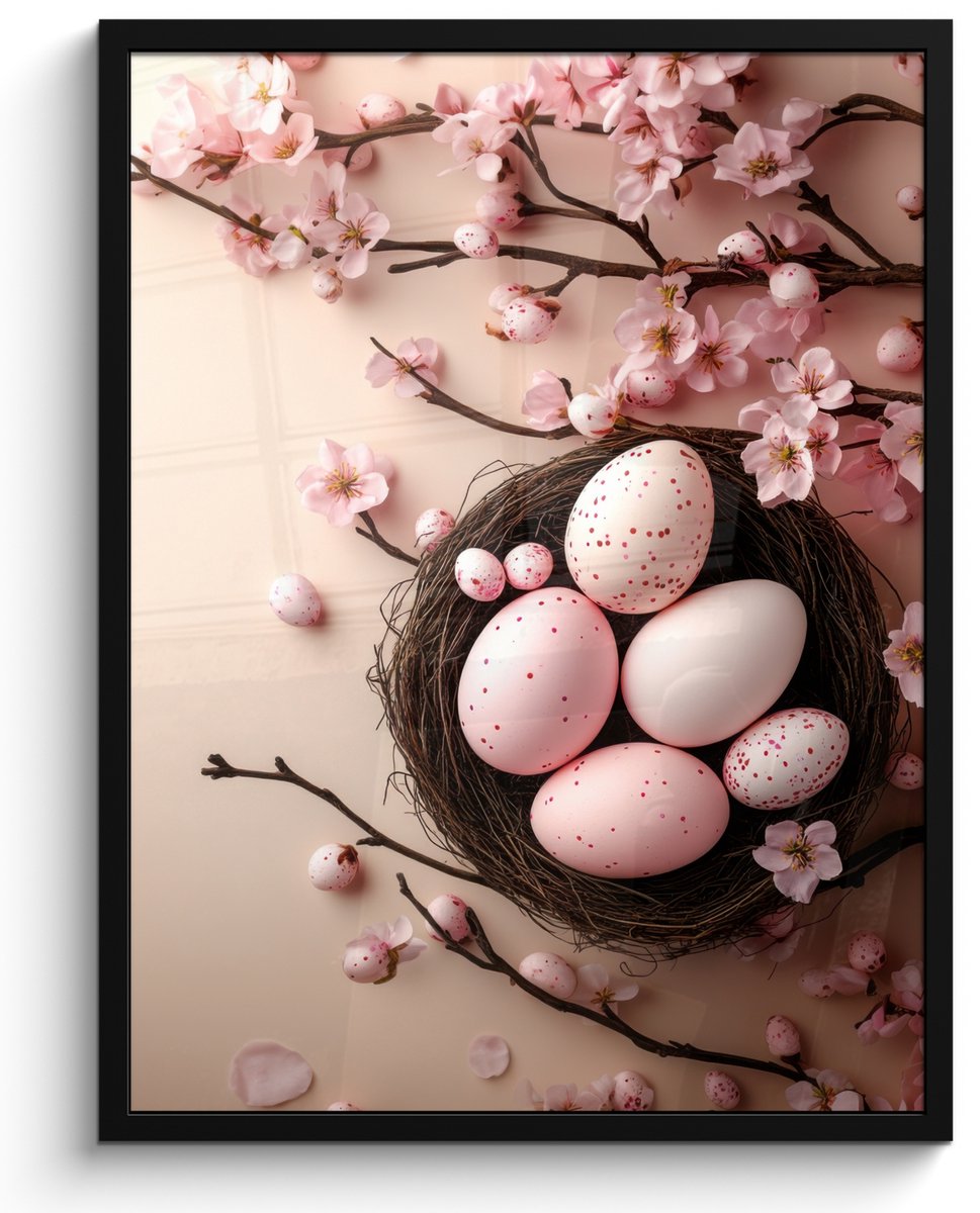 FrameYourWall Poster in lijst - Fotolijst 50x70 cm - Posters - Roze - Bloesems - Eieren - Posterlijst zwart - Decoratie - Wanddecoratie woonkamer - Muurdecoratie slaapkamer