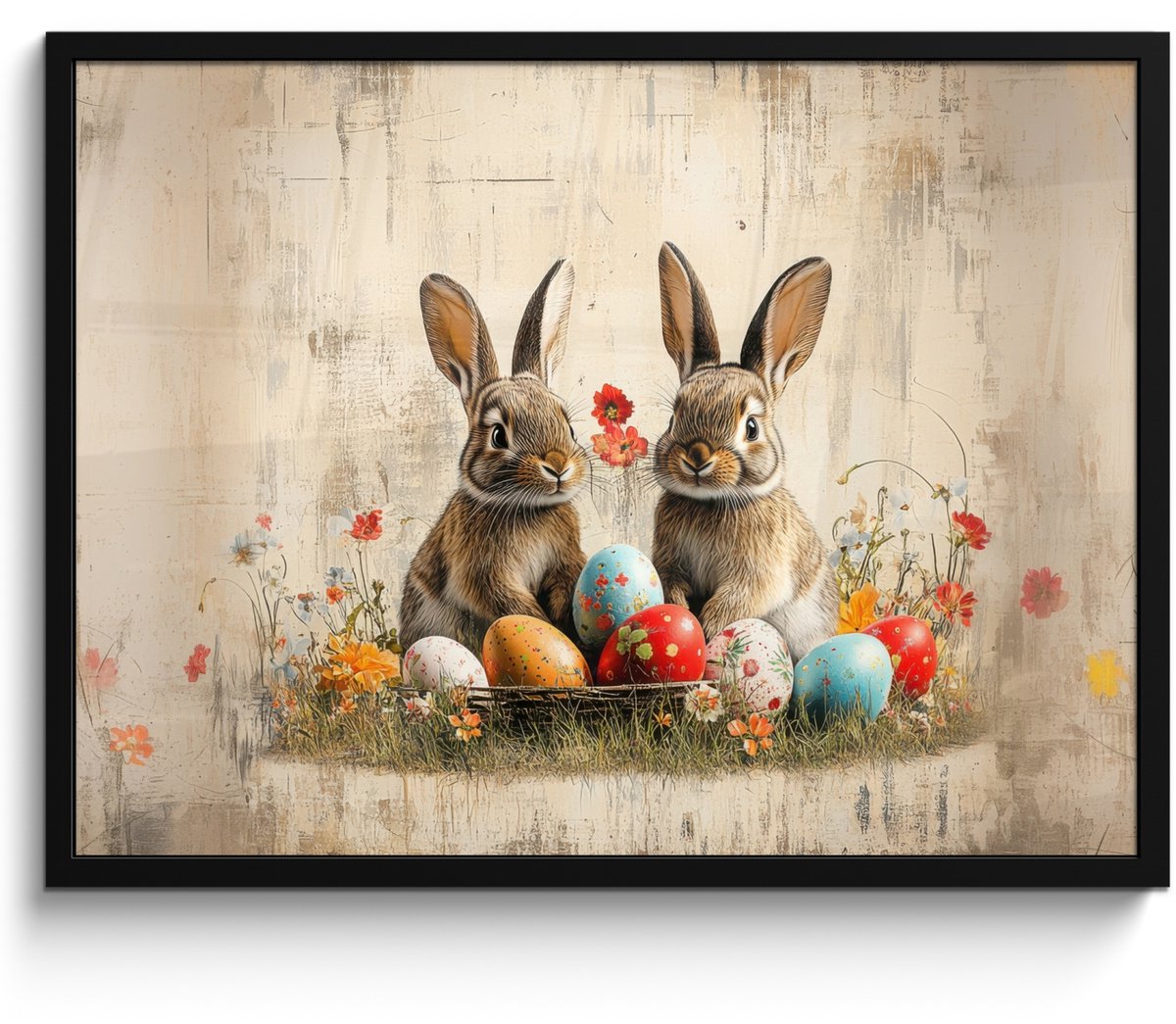 FrameYourWall Poster in lijst - Fotolijst 70x50 cm - Posters - Konijnen - Bloemen - Eieren - Posterlijst zwart - Decoratie - Wanddecoratie woonkamer - Muurdecoratie slaapkamer Konijnen - Vintage