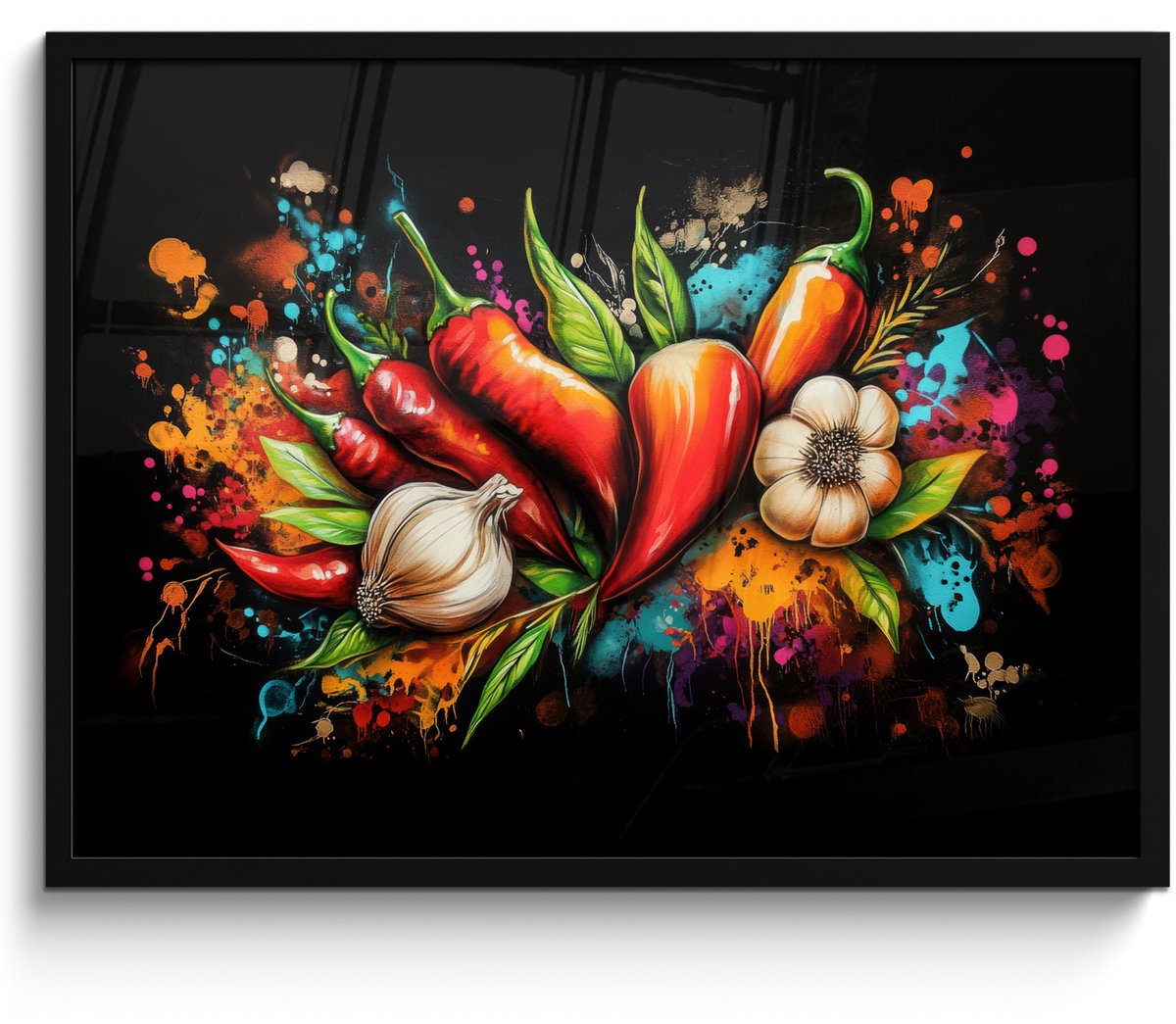 FrameYourWall Poster in lijst - Fotolijst 70x50 cm - Posters - Groente - Peper - Knoflook - Graffiti - Verf - Kleurrijk - Posterlijst zwart - Decoratie - Wanddecoratie woonkamer - Muurdecoratie slaapkamer Graffiti - Eten